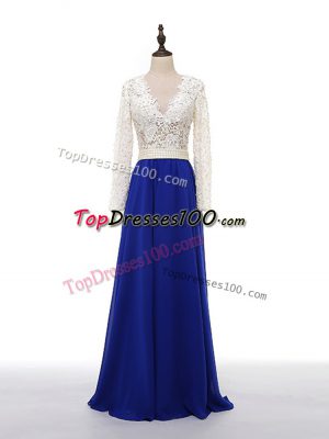 Blue And White Chiffon Zipper V-neck Long Sleeves Floor Length Mother of Bride Dresses Lace and Appliques