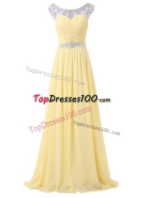 Light Yellow Empire Beading and Ruching Party Dress for Girls Backless Chiffon Sleeveless Floor Length