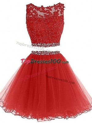 Two Pieces Custom Made Red Scoop Tulle Sleeveless Mini Length Zipper