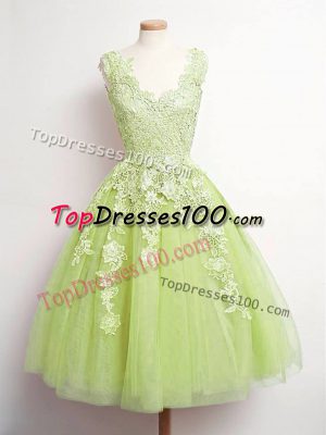Customized Sleeveless Knee Length Lace Lace Up Bridesmaids Dress with Yellow Green