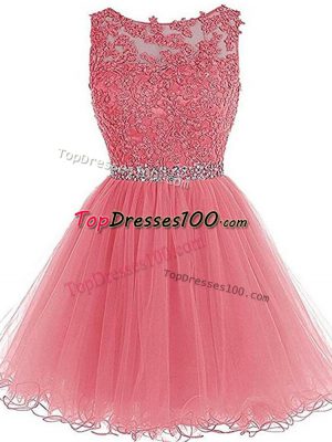 Romantic Pink Sleeveless Beading and Lace and Appliques and Ruffles Mini Length Dress for Prom
