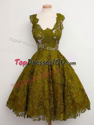 Knee Length Olive Green Court Dresses for Sweet 16 Lace Sleeveless Lace