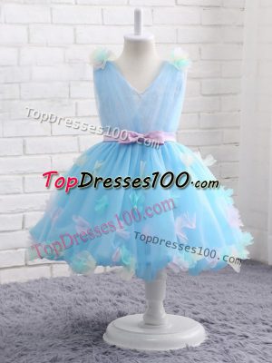Super Knee Length Ball Gowns Sleeveless Baby Blue Flower Girl Dress Zipper