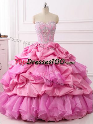 Rose Pink Ball Gowns Sweetheart Sleeveless Organza and Taffeta Floor Length Lace Up Beading and Ruffles and Pick Ups Sweet 16 Quinceanera Dress