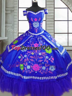 Blue Off The Shoulder Lace Up Beading and Embroidery Quinceanera Gowns Short Sleeves