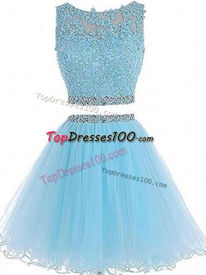 Aqua Blue Two Pieces Beading and Lace and Appliques Prom Party Dress Zipper Tulle Sleeveless Mini Length