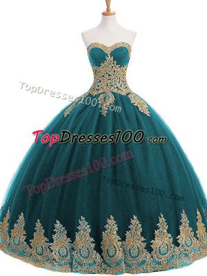 On Sale Teal Ball Gowns Appliques Vestidos de Quinceanera Lace Up Tulle Sleeveless Floor Length