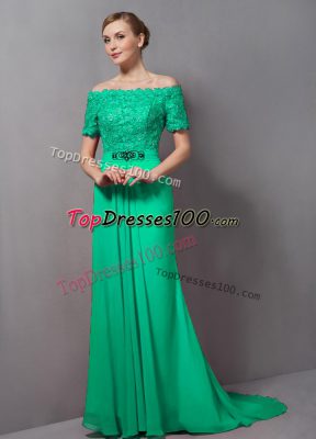 Extravagant Green Short Sleeves Chiffon Sweep Train Zipper Mother of the Bride Dress for Prom and Party