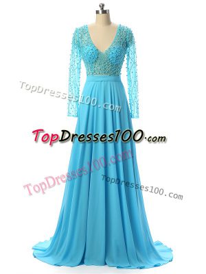 Luxurious Baby Blue Chiffon Zipper Mother of Bride Dresses Long Sleeves Brush Train Beading