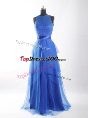 High Quality Blue Scoop Neckline Beading and Ruffled Layers and Belt Sleeveless Zipper