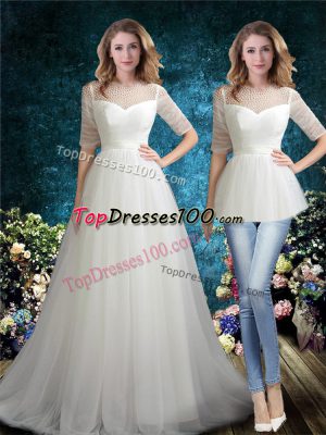 Affordable A-line Half Sleeves White Wedding Dresses Brush Train Zipper