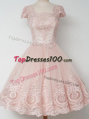 Tulle Square Cap Sleeves Zipper Lace Vestidos de Damas in Peach