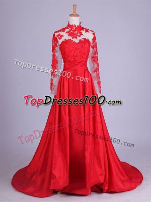 Stunning Red Mother of the Bride Dress Prom and Military Ball and Sweet 16 with Lace and Appliques Halter Top Long Sleeves Brush Train Zipper