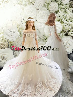 Luxurious Off The Shoulder Half Sleeves Flower Girl Dresses for Less Court Train Lace White Tulle
