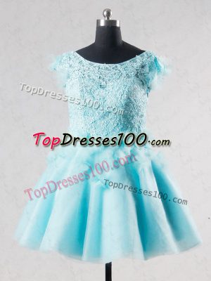 Vintage Lace and Appliques and Hand Made Flower Cocktail Dress Aqua Blue Backless Short Sleeves Mini Length