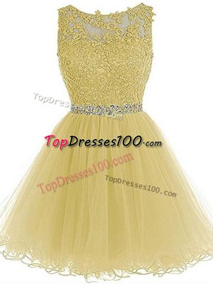 Sleeveless Mini Length Beading and Lace and Appliques Zipper Prom Dress with Light Yellow