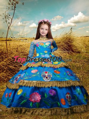 Top Selling High-neck Long Sleeves Kids Formal Wear Floor Length Embroidery Blue Taffeta