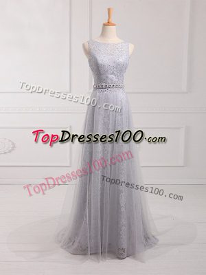 Grey Empire Scoop Sleeveless Tulle and Lace Brush Train Zipper Beading and Lace Wedding Guest Dresses
