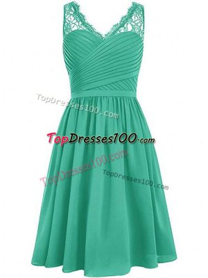 Customized Knee Length Side Zipper Quinceanera Court of Honor Dress Green for Prom and Party and Wedding Party with Lace and Ruching