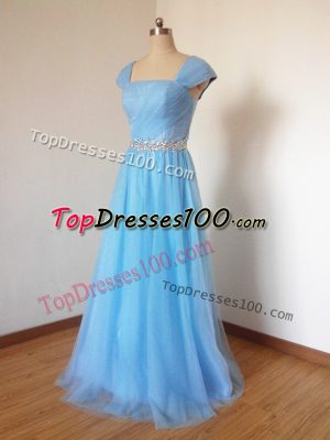 Unique Square Cap Sleeves Wedding Party Dress Floor Length Beading Baby Blue Tulle