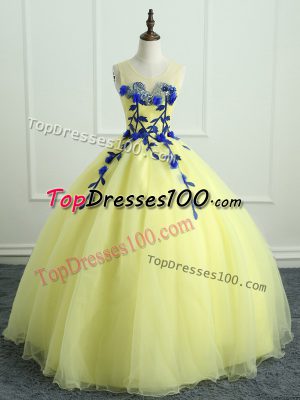 Fabulous Floor Length Light Yellow Quinceanera Gown Scoop Sleeveless Lace Up