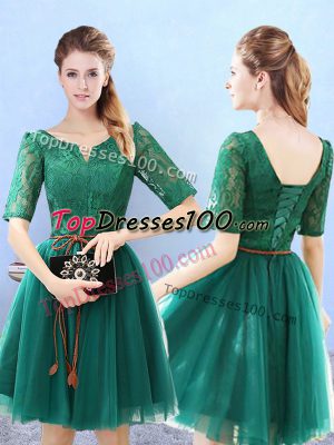 Latest Lace Quinceanera Dama Dress Green Lace Up Half Sleeves Knee Length