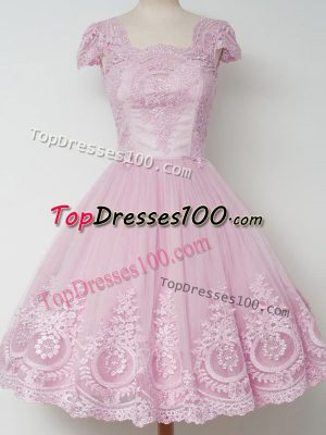 Custom Designed Lilac A-line Tulle Square Cap Sleeves Lace Knee Length Zipper Quinceanera Court Dresses