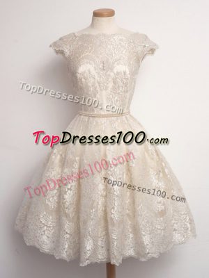 Champagne Scalloped Neckline Lace Damas Dress Cap Sleeves Lace Up