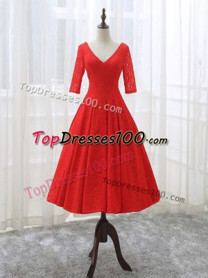 V-neck Half Sleeves Prom Party Dress Tea Length Lace and Appliques Red Lace