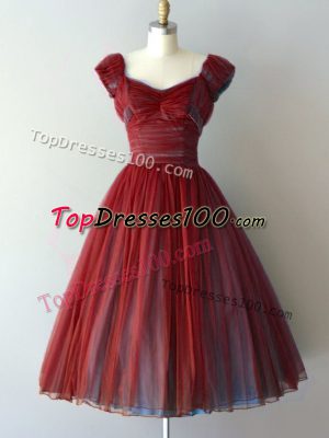 Hot Selling Rust Red Chiffon Lace Up Bridesmaids Dress Cap Sleeves Knee Length Ruching