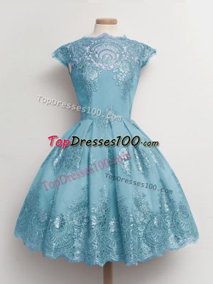 Customized Knee Length A-line Cap Sleeves Aqua Blue Dama Dress Lace Up