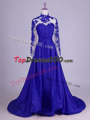 Pretty Royal Blue Mother of the Bride Dress For with Lace and Appliques High-neck Sleeveless Brush Train Lace Up