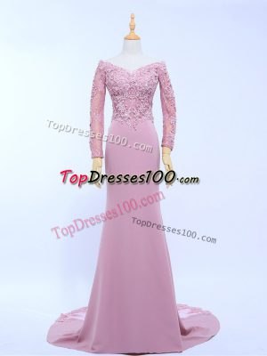 Free and Easy Chiffon Off The Shoulder Long Sleeves Brush Train Zipper Lace and Appliques Mother Dresses in Lilac
