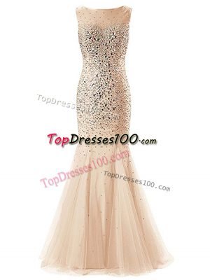 Best Selling Champagne Tulle Zipper Prom Gown Sleeveless Floor Length Beading