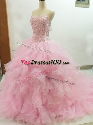 Baby Pink Ball Gowns Sweetheart Sleeveless Organza Brush Train Lace Up Beading and Ruffles Sweet 16 Dresses