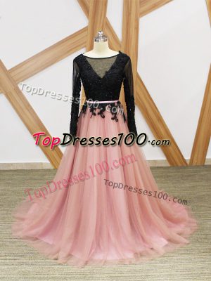 Amazing Pink And Black Evening Dress Prom and Party with Lace and Appliques and Sashes ribbons Scoop Long Sleeves Brush Train Zipper