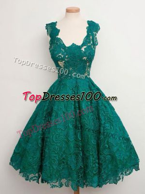Deluxe Dark Green Lace Lace Up Straps Sleeveless Knee Length Bridesmaids Dress Lace