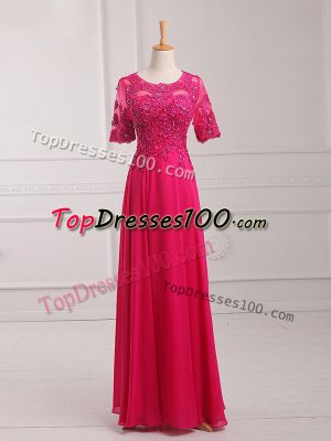 Hot Pink Scoop Neckline Lace and Appliques Mother of Bride Dresses Half Sleeves Zipper