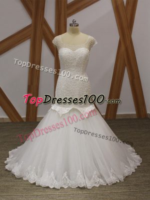 Beading and Appliques Wedding Dress White Lace Up Cap Sleeves Brush Train