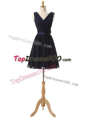 Unique A-line Bridesmaid Gown Navy Blue V-neck Chiffon Sleeveless Mini Length Lace Up