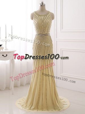 Hot Selling Sleeveless Chiffon Brush Train Zipper Prom Dresses in Champagne with Beading and Belt