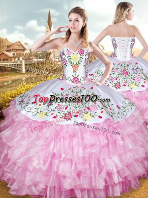 Latest Rose Pink Lace Up Sweetheart Embroidery and Ruffled Layers Ball Gown Prom Dress Organza and Taffeta Sleeveless