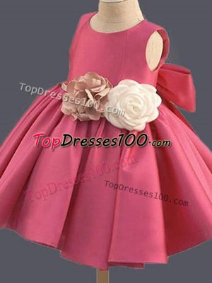 Scoop Sleeveless Flower Girl Dress Mini Length Bowknot and Hand Made Flower Hot Pink Taffeta