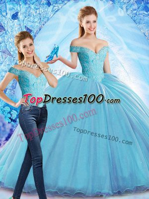 Unique Baby Blue Quinceanera Dress Organza Sweep Train Sleeveless Beading