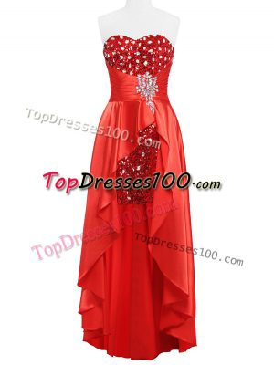 Fabulous Coral Red Empire Elastic Woven Satin Sweetheart Sleeveless Beading and Ruching Floor Length Zipper Juniors Party Dress
