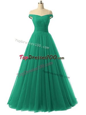 Green A-line Off The Shoulder Sleeveless Tulle Floor Length Lace Up Ruching Prom Dresses