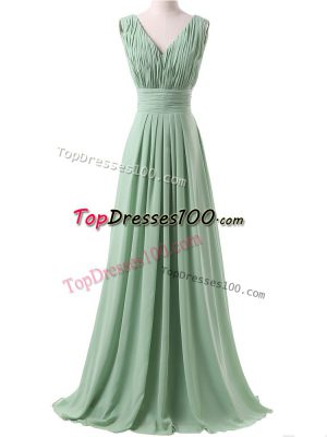 Discount Apple Green Lace Up V-neck Ruching Wedding Party Dress Chiffon Sleeveless