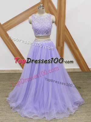 Scoop Sleeveless Homecoming Dress Floor Length Beading Lavender Tulle