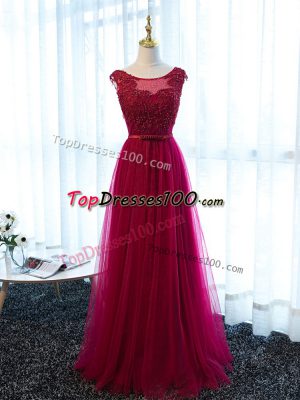 Best Selling Fuchsia Sleeveless Floor Length Beading and Lace and Appliques and Belt Lace Up Evening Dress