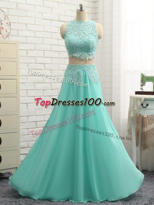 Simple Apple Green Side Zipper High-neck Lace and Appliques Prom Party Dress Chiffon Sleeveless